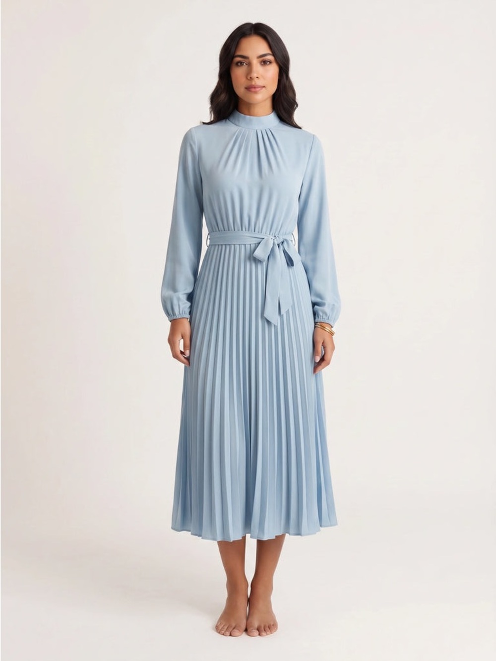 Women’s Pale Blue Pleated Midi Dress with Tie Waist
